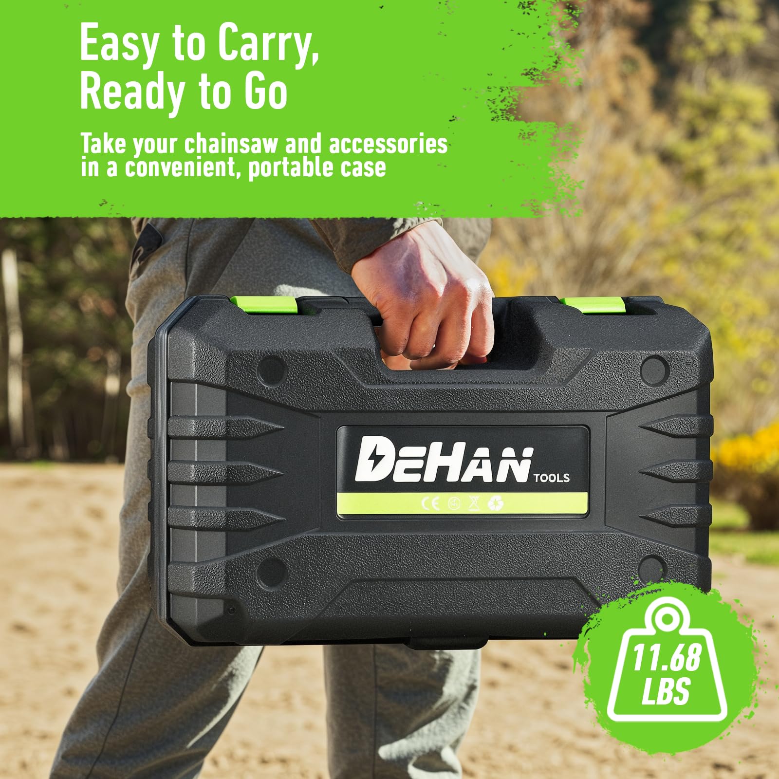DEHANTOOLS backyard scene showing compact, quiet operation