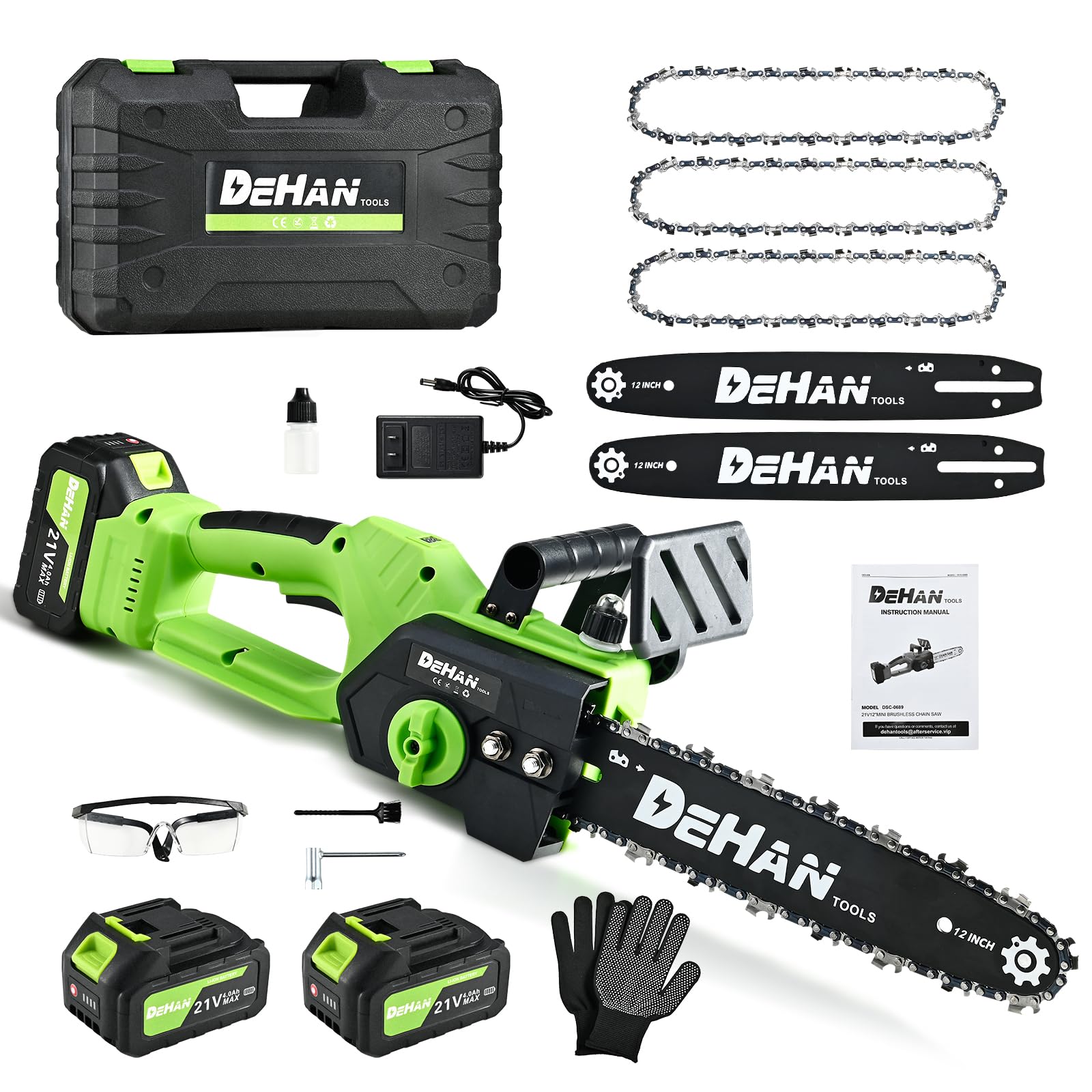 DEHANTOOLS 12-inch cordless chainsaw front view highlights powerful brushless motor for efficient pruning