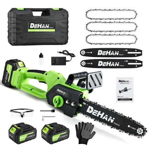 DEHANTOOLS 12-inch cordless chainsaw front view highlights powerful brushless motor for efficient pruning