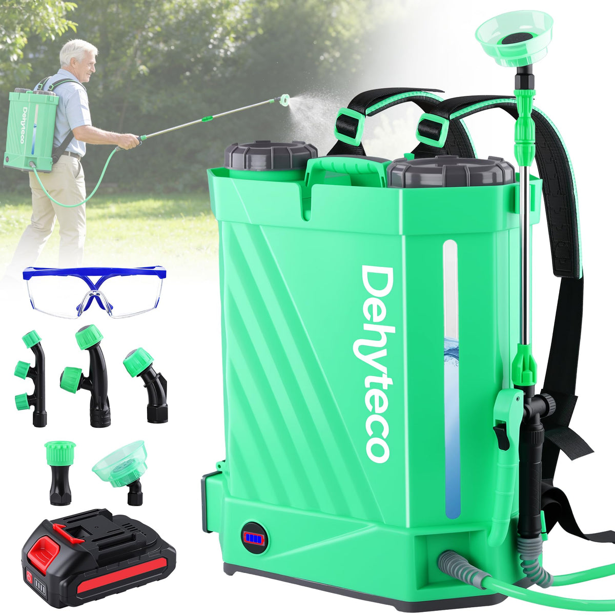 Dehyteco battery backpack sprayer in use for efficient outdoor spraying