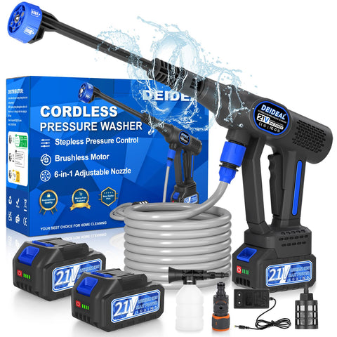 DEIDEAL cordless pressure washer assembly shown with accessories for quick setup