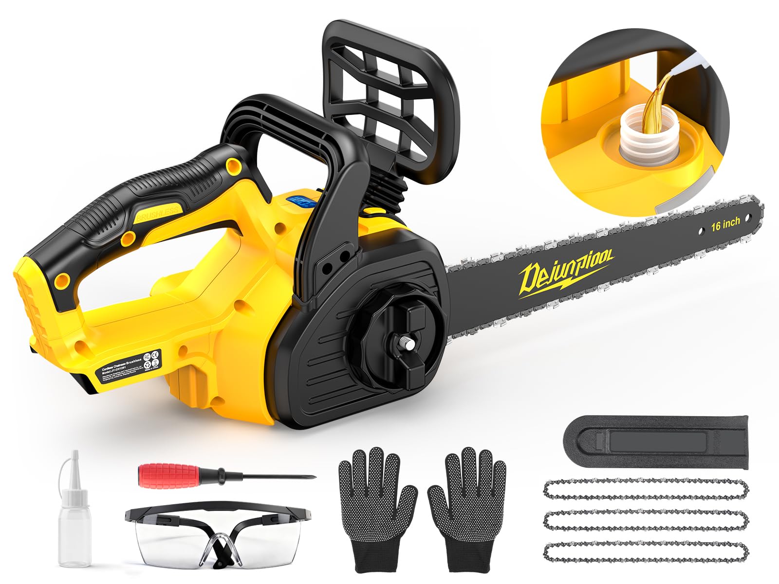 DEJUNPIOOL 16-inch chainsaw with Dewalt battery compatibility for versatile power on site.