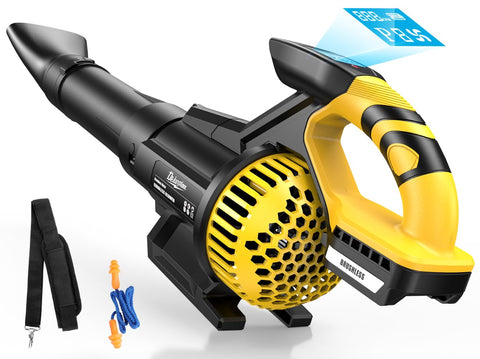 DEJUNPIOOL cordless leaf blower with smart display showing battery life during use