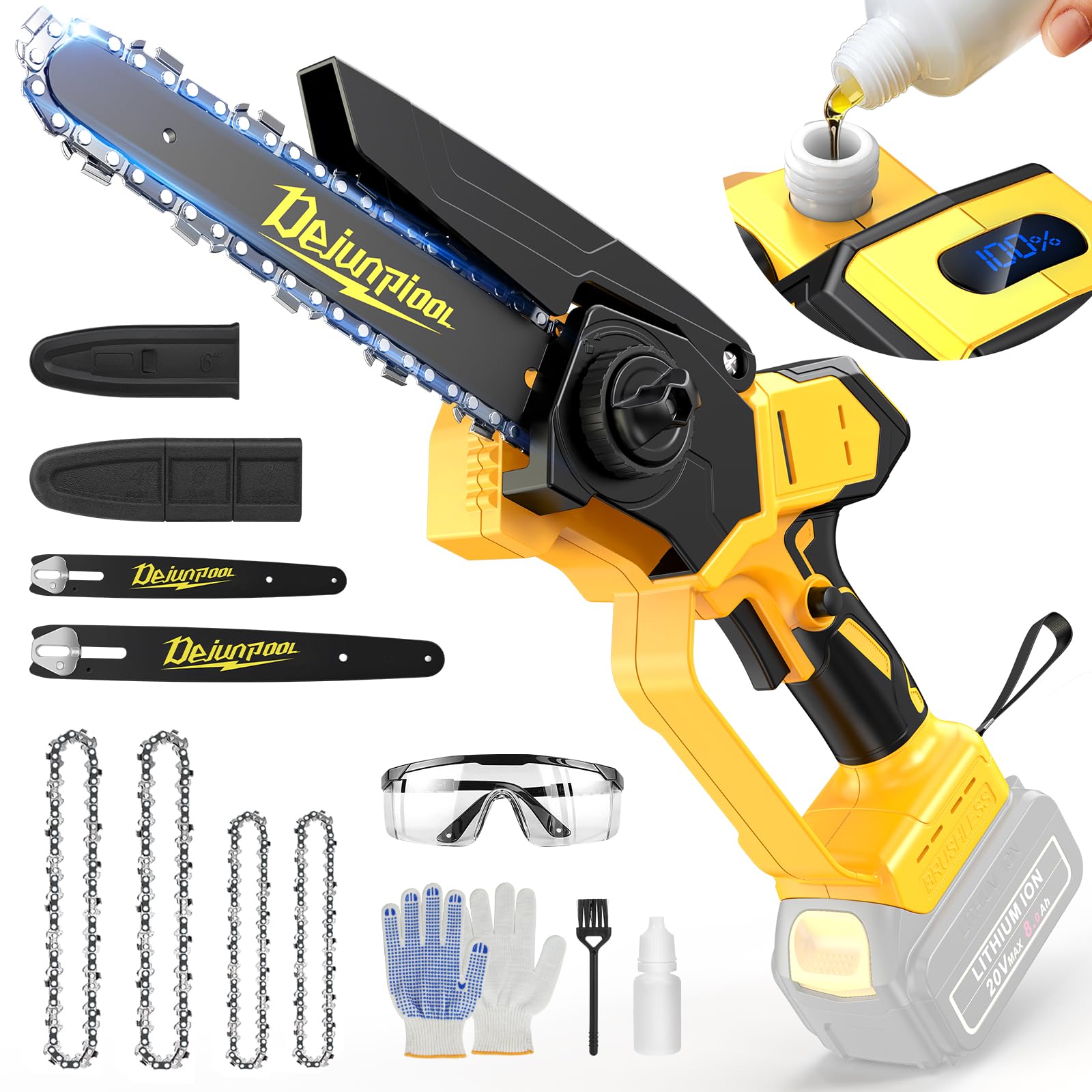 DEJUNPIOOL cordless mini chainsaw shows 6in and 8in chains for flexible cutting.