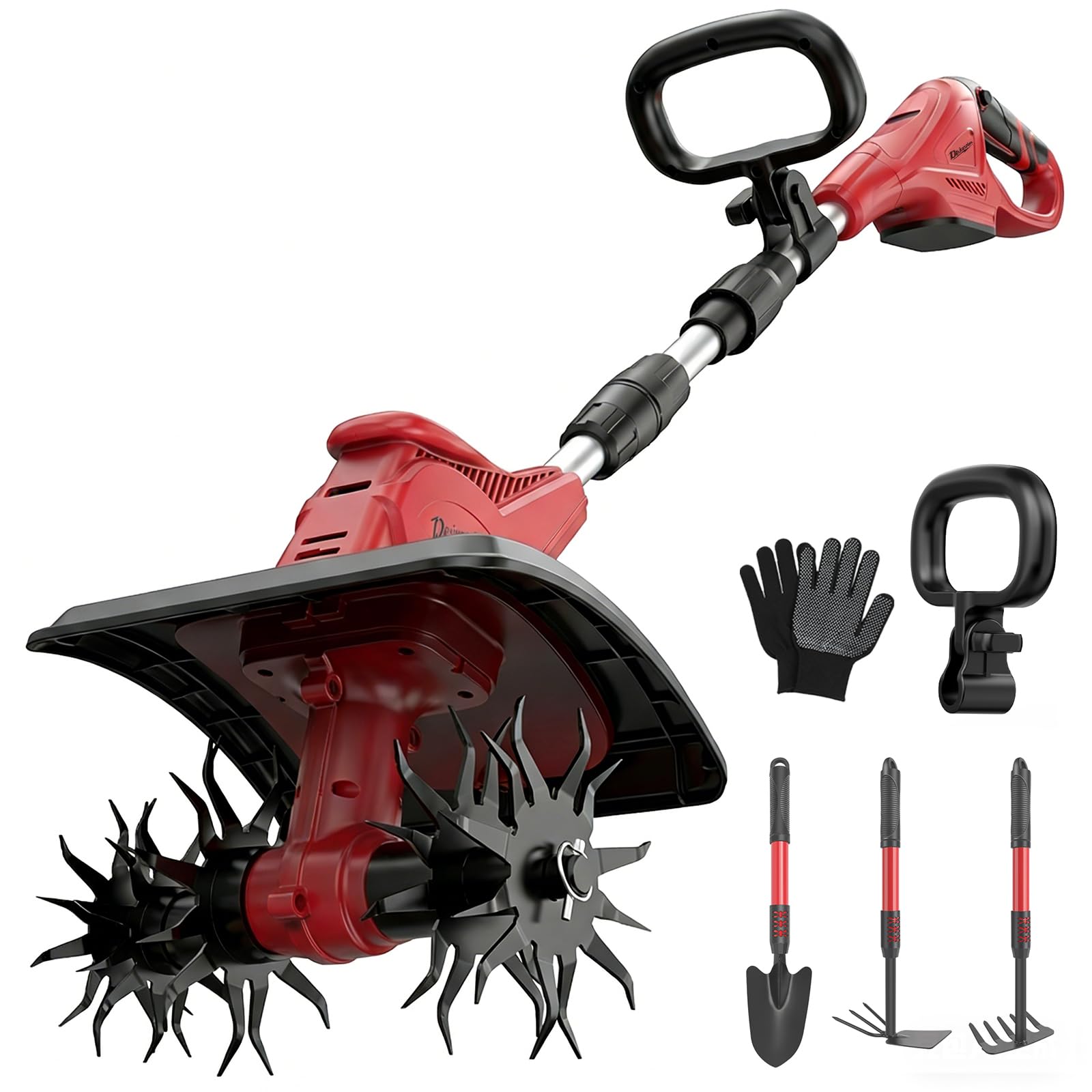 DEJUNPIOOL cordless tiller attached to a Milwaukee 18V battery for flexible yard tasks