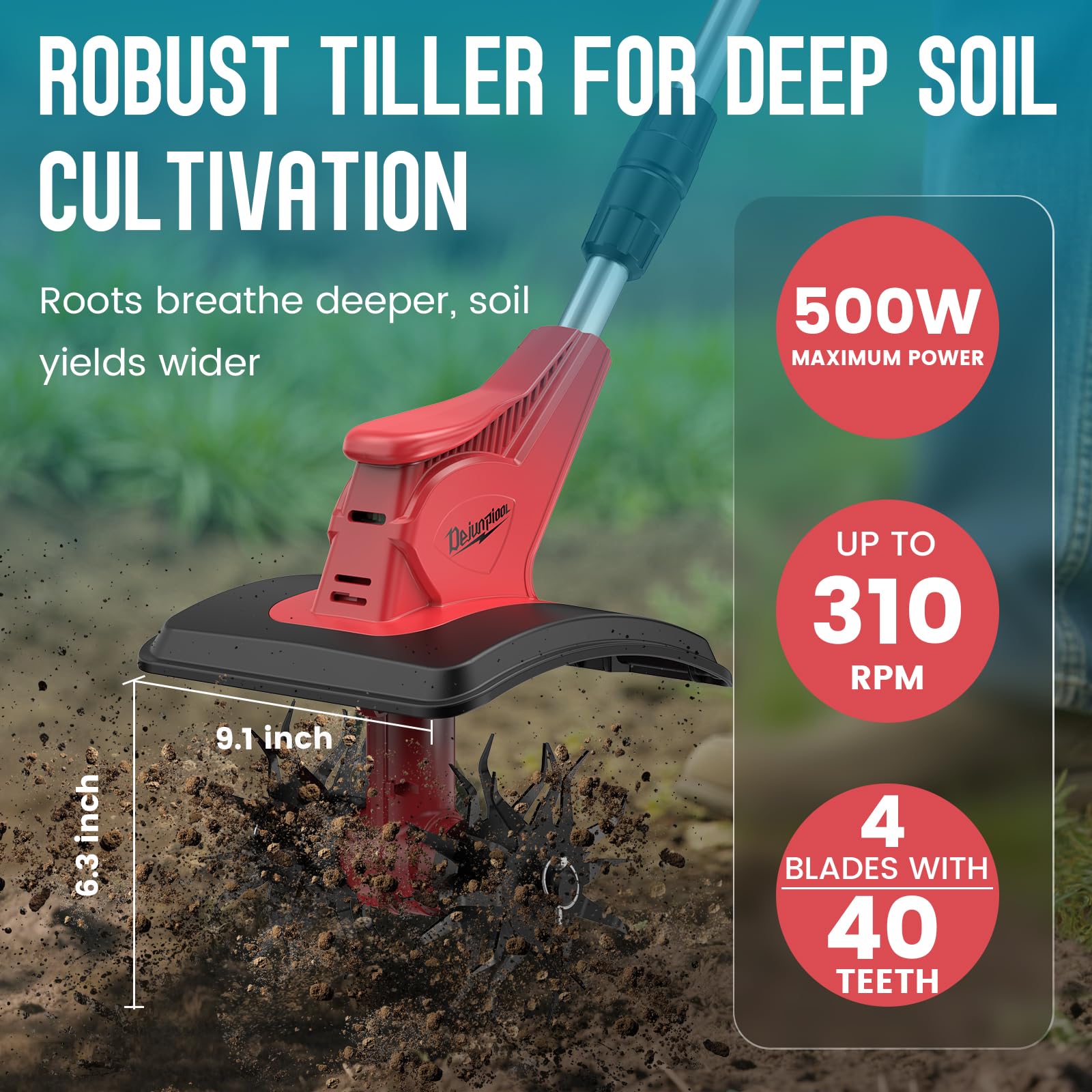 DEJUNPIOOL tiller demonstrates 9.1-inch tilling width in a garden bed