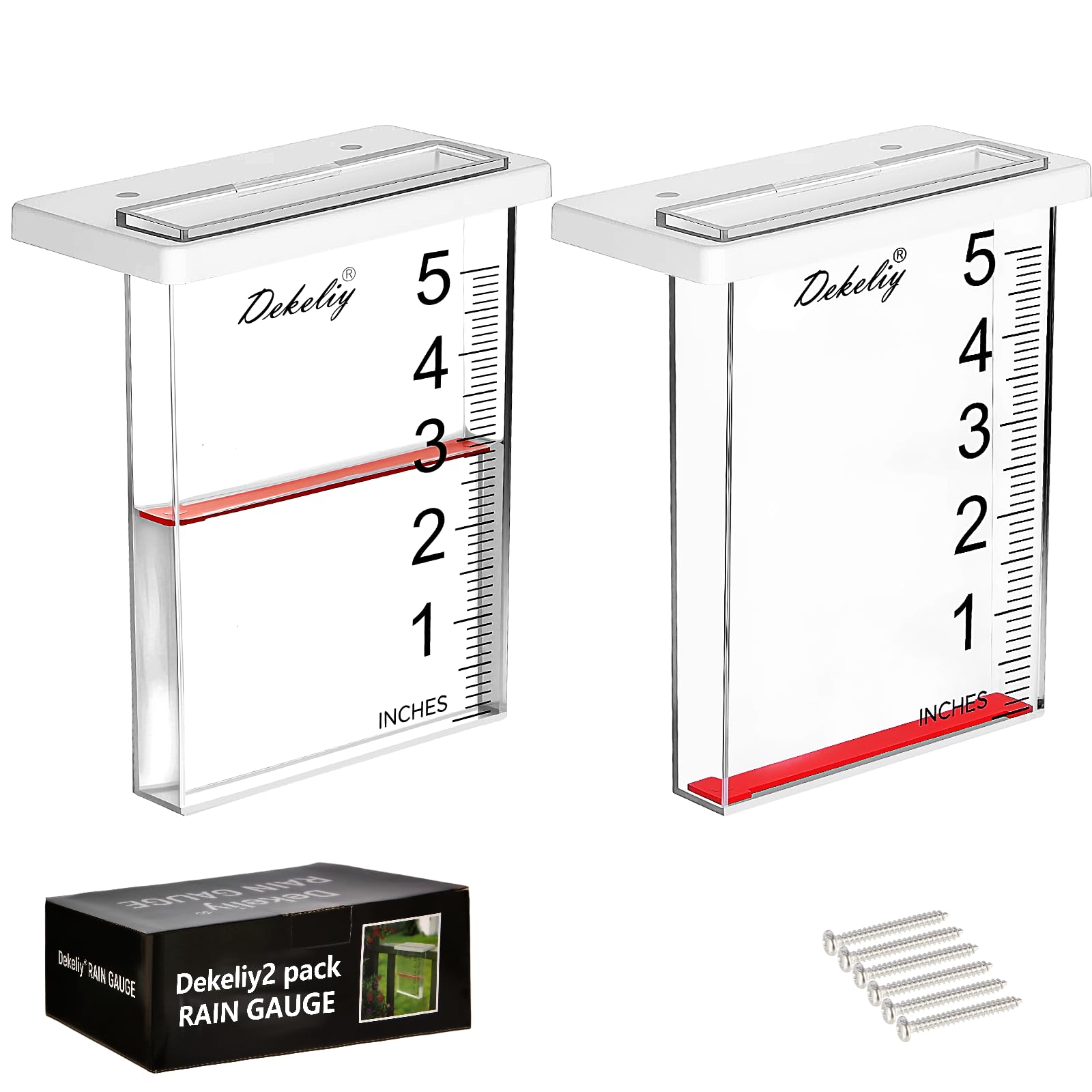 DEKELIY 2-pack rain gauge with clear scale and red float for easy outdoor readings.