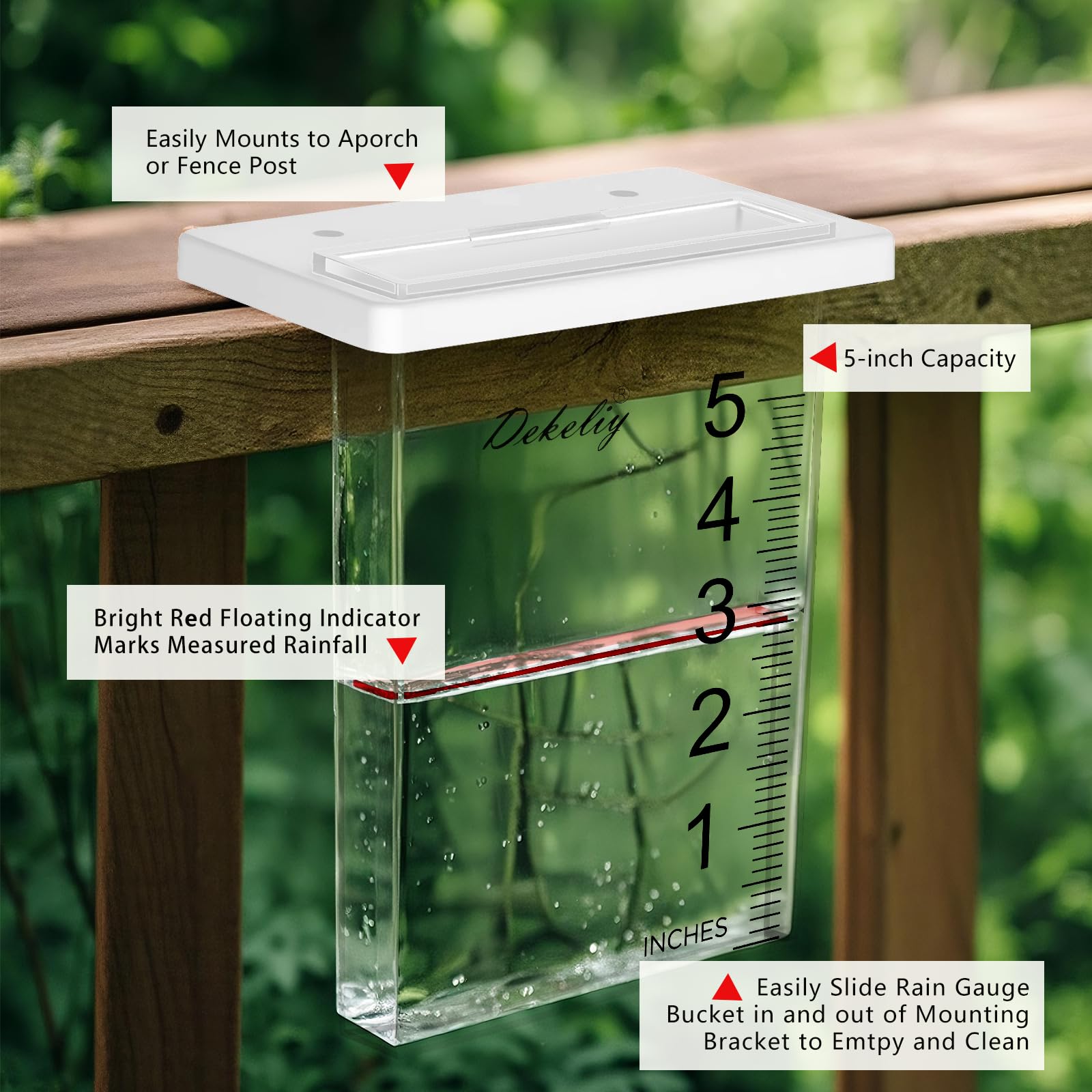 DEKELIY rain gauge features bold numerals for easy reading from inside.