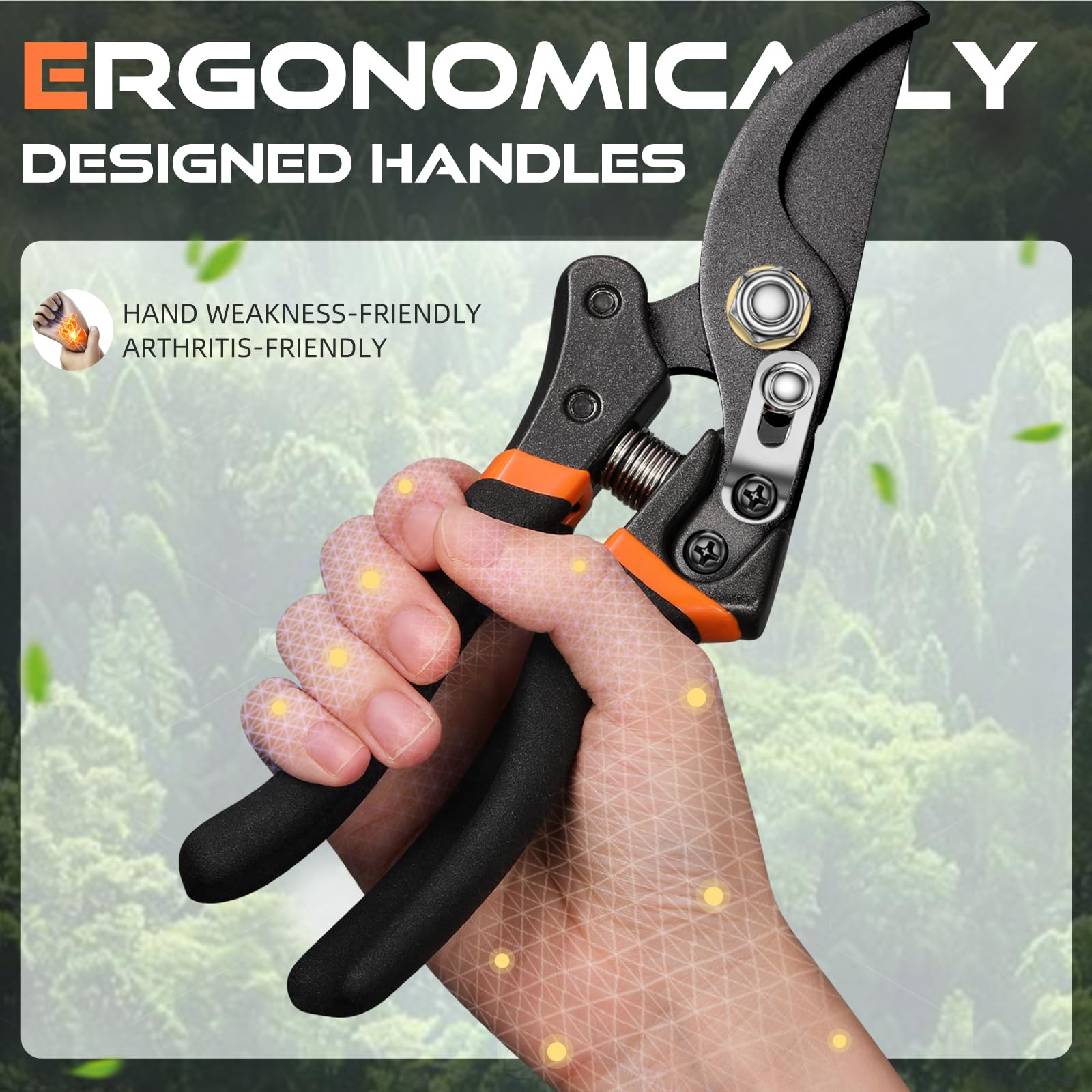 Decerk pruning shears lever-cutting technology enables easier pruning of thick branches.