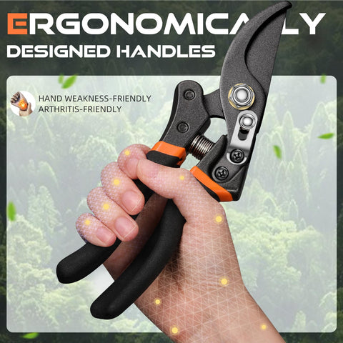 Decerk pruning shears lever-cutting technology enables easier pruning of thick branches.
