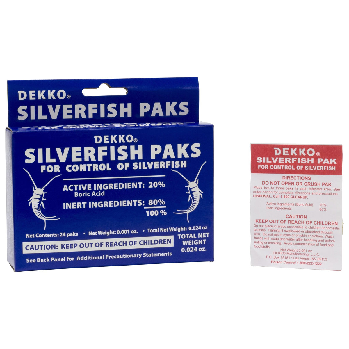 Dekko Silverfish Paks insect killer for indoor use protecting closets, basements, and carpets.