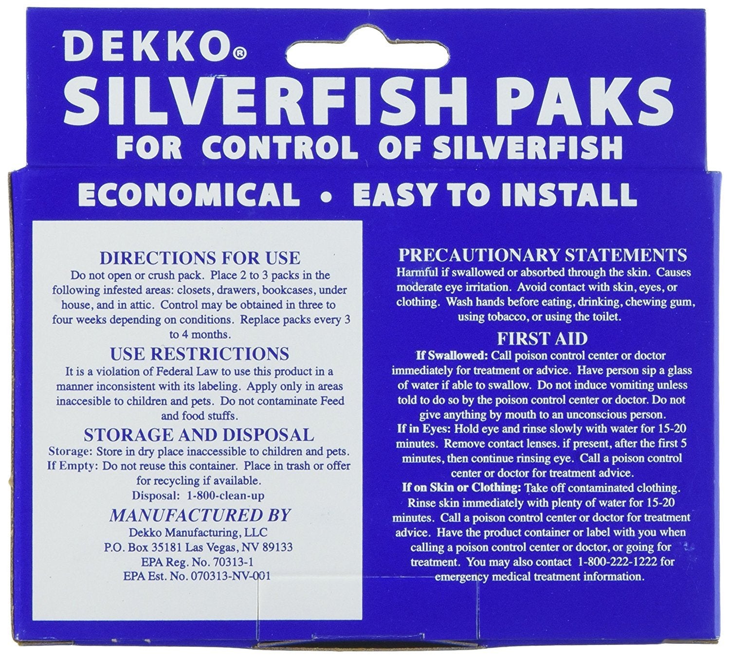 Dekko Silverfish Paks odorless formula ready for discreet placement in closets and attics.