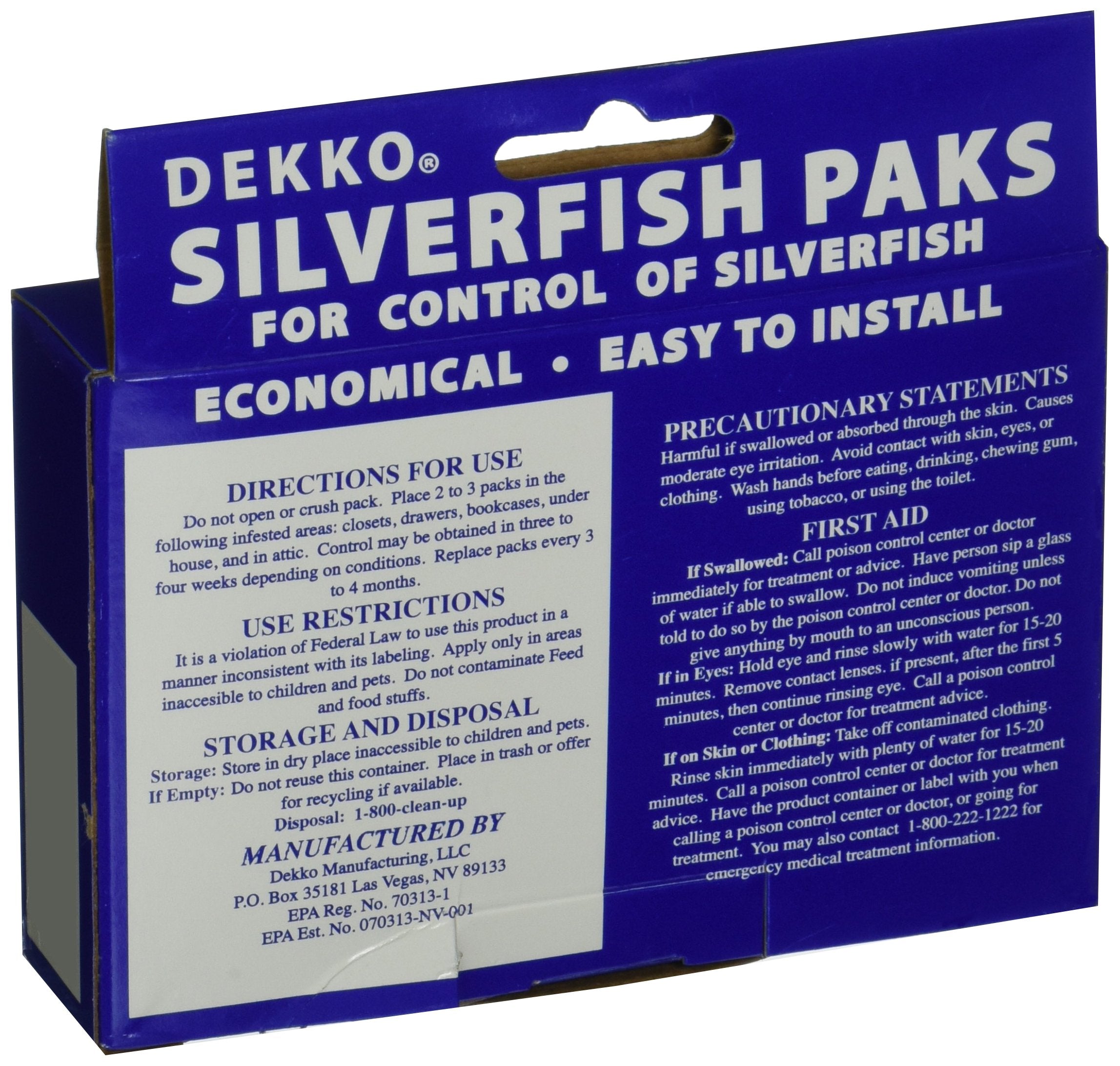 Dekko Silverfish Paks odorless formula for quiet, month-long control