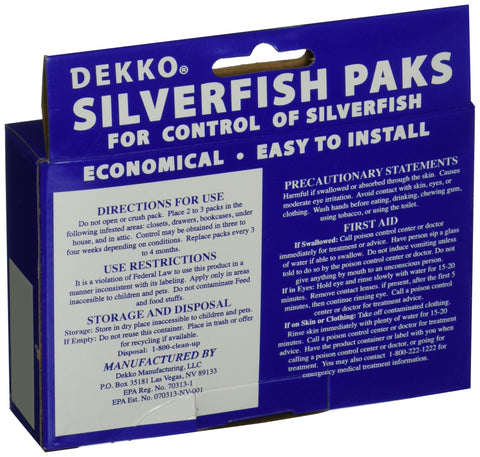 Dekko Silverfish Paks odorless formula for quiet, month-long control