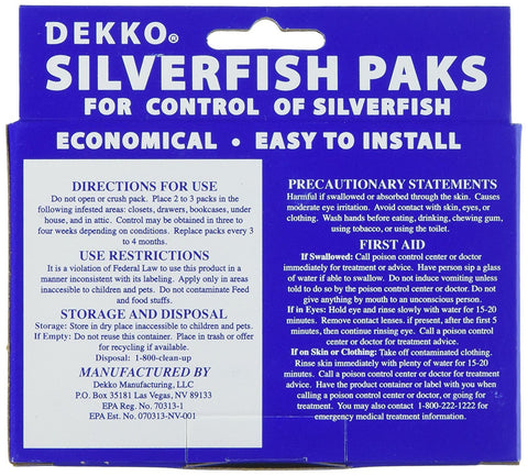Dekko Silverfish Paks odorless formula ready for discreet placement in closets and attics.