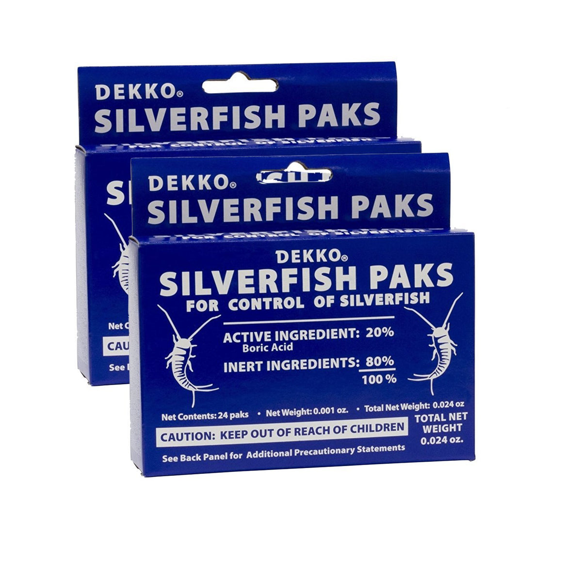 Dekko Silverfish Paks pack two — odorless, long-lasting bait for homes.