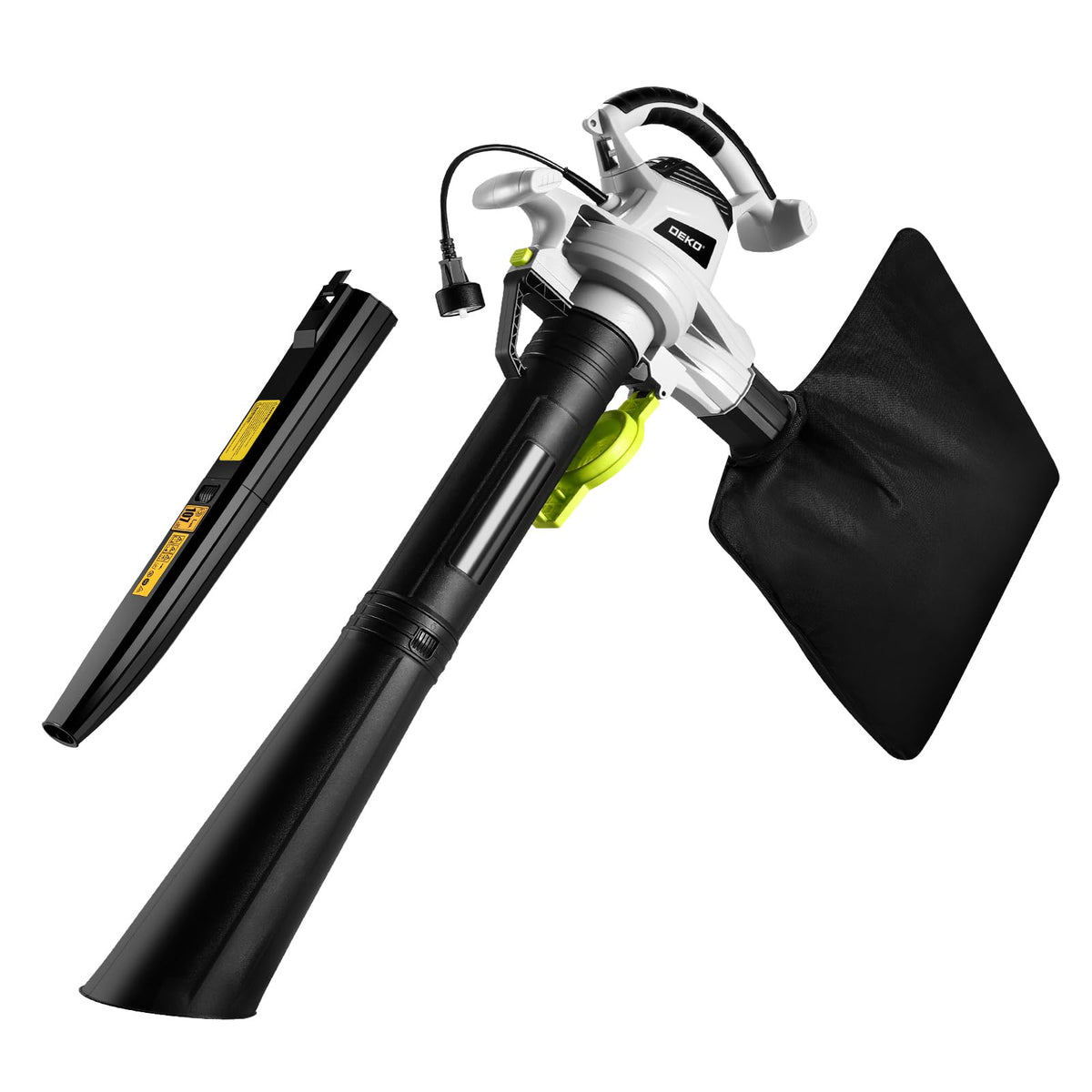 DEKOPRO 12A 3-in-1 leaf blower clearing leaves quickly in a yard