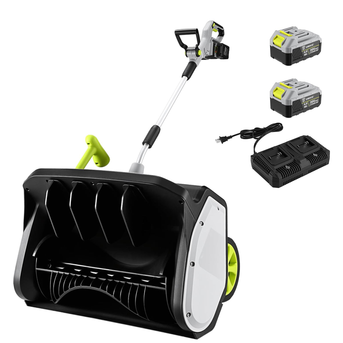 DEKOPRO 40V cordless snow shovel, 17 inch intake for quick sidewalk clearing.