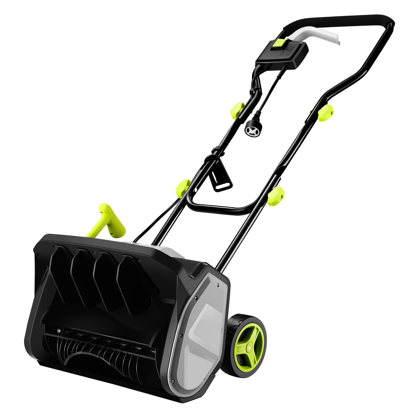 DEKOPRO electric snow shovel with 12-amp motor clearing a driveway.