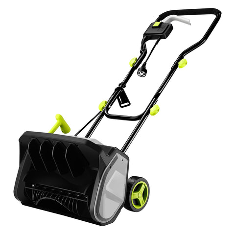 DEKOPRO electric snow shovel with 12-amp motor clearing a driveway.