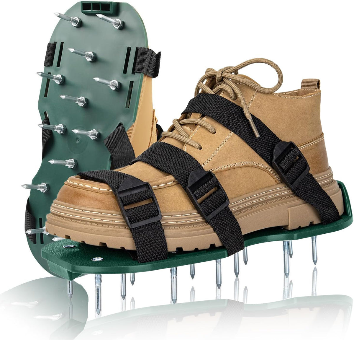 Dekvoraq lawn aerator shoes with adjustable triple straps in action for easy lawn aeration