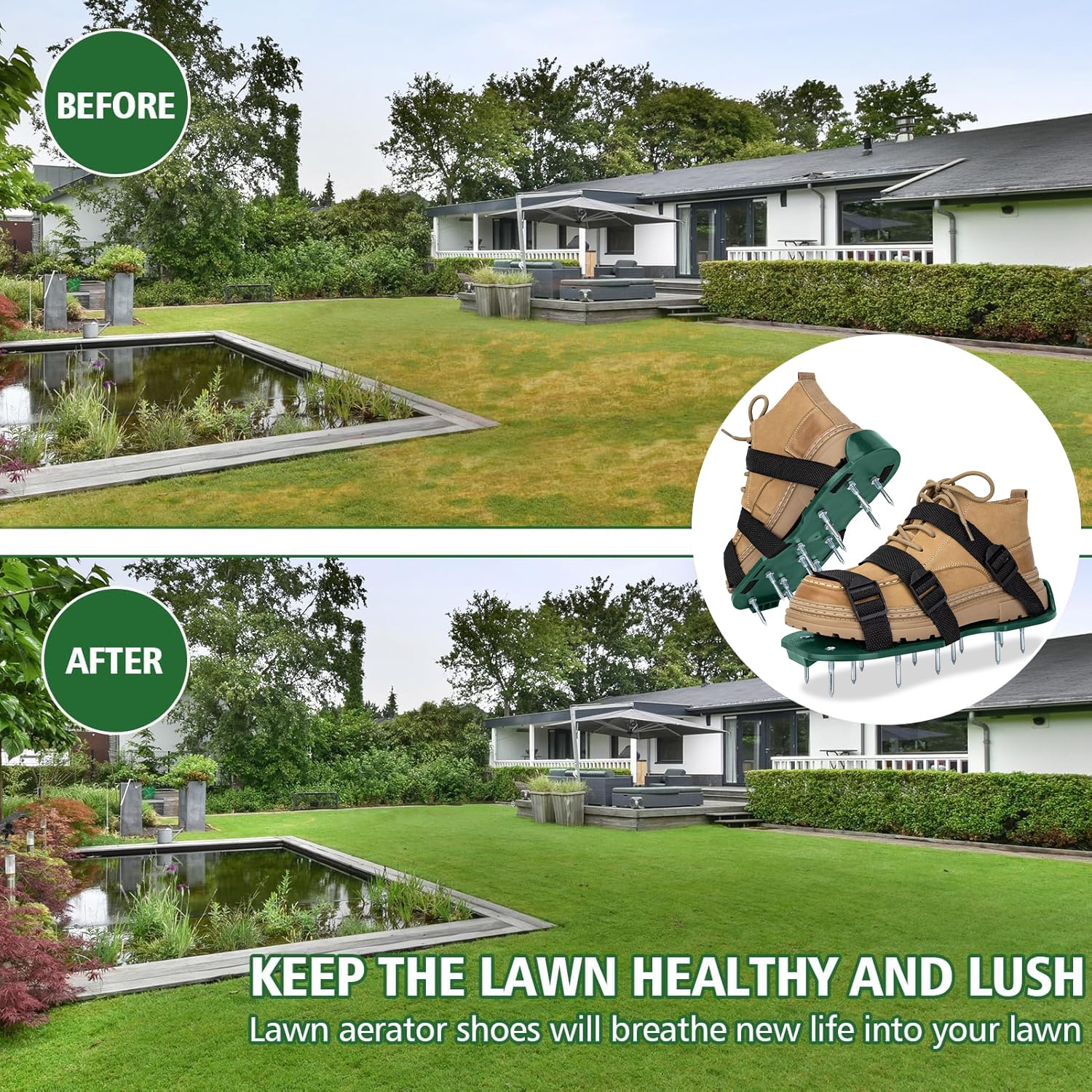 Dekvoraq walking aeration shoes let you aerate the lawn as you stroll