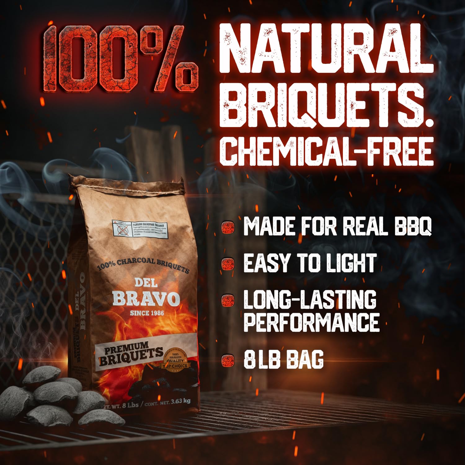 Del Bravo Charcoal Briquettes provide easy lighting for quick, dependable heat.