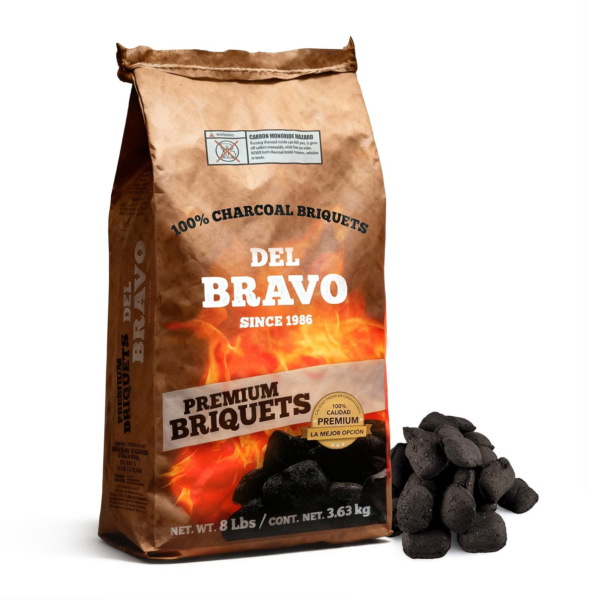Del Bravo Charcoal Briquettes offering a long-lasting burn for extended grilling sessions.