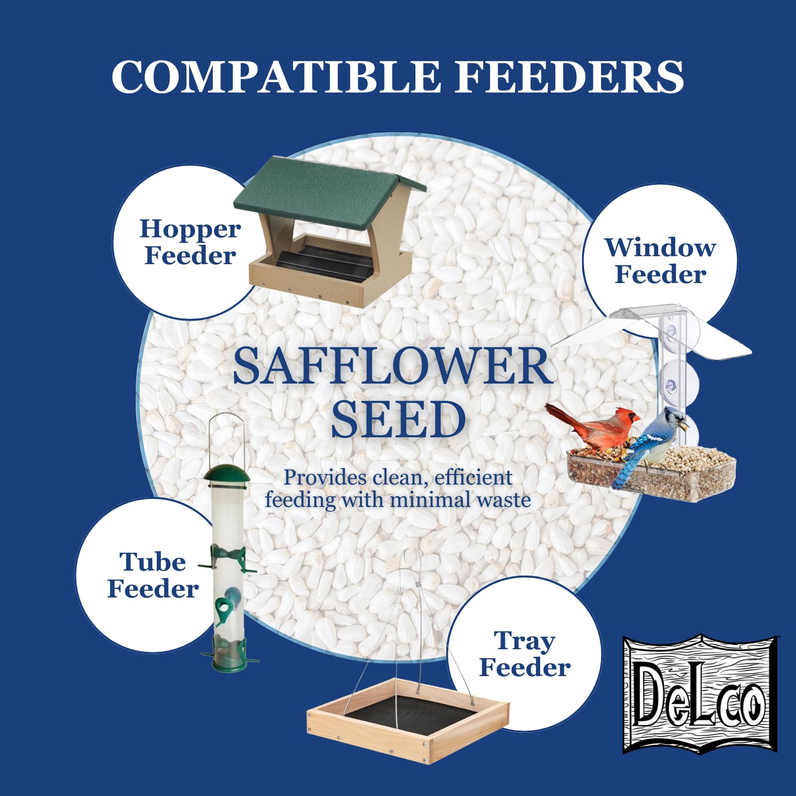 Tube feeder setup with DelCo safflower, showing versatile feeding options.