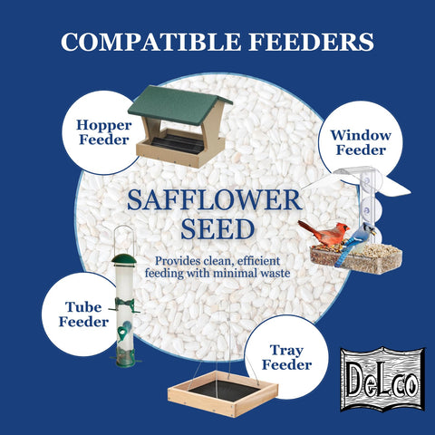 Tube feeder setup with DelCo safflower, showing versatile feeding options.