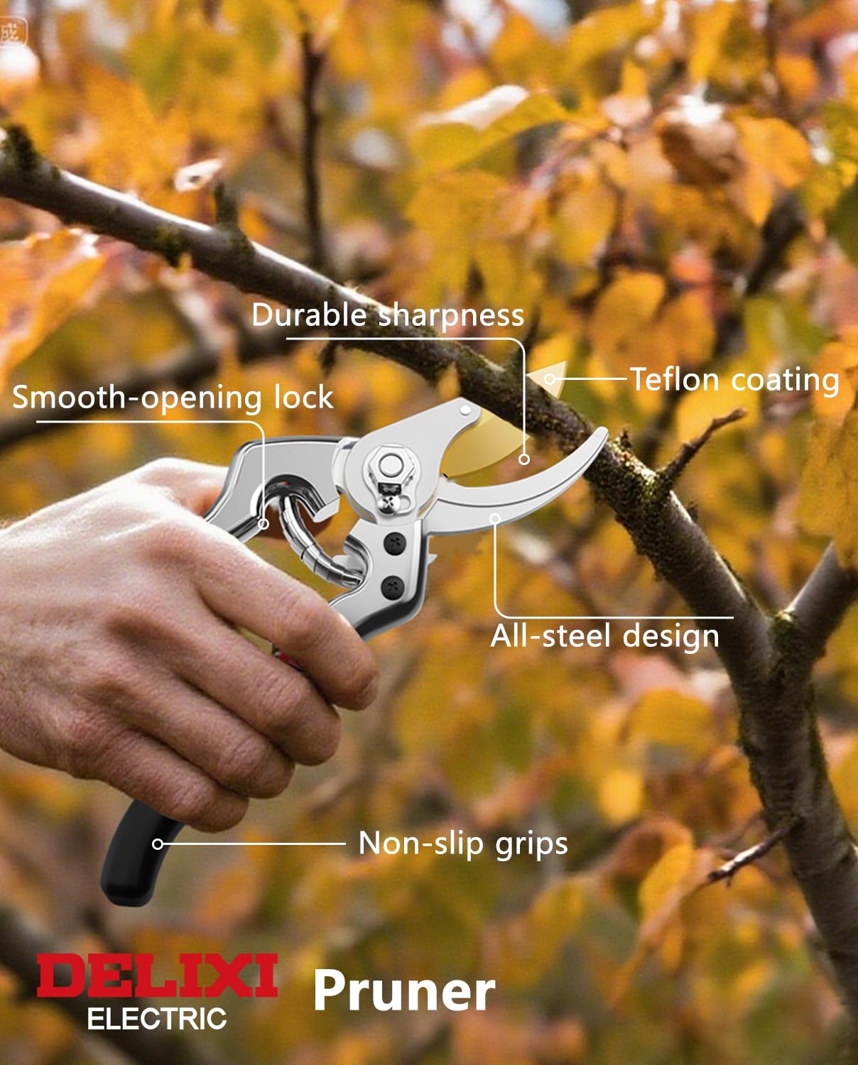 DELIXI heavy-duty shears handle branches up to 1 inch with ease.