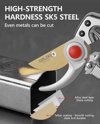 DELIXI pruning shears safety lock keeps blades secure when stored.