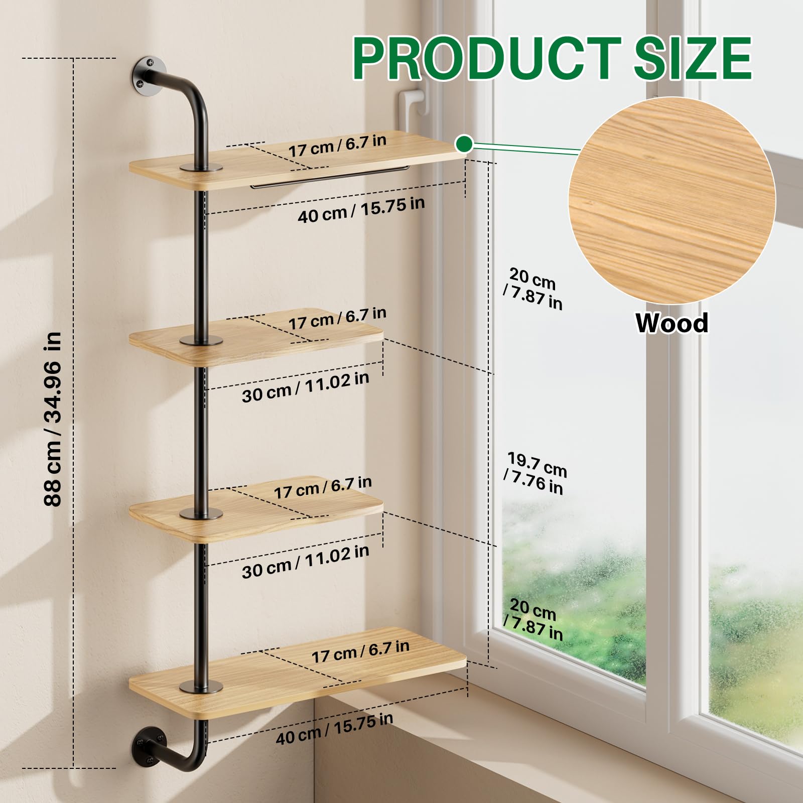DELLAN wall-mounted indoor plant shelf showing rotating shelves for space-saving display
