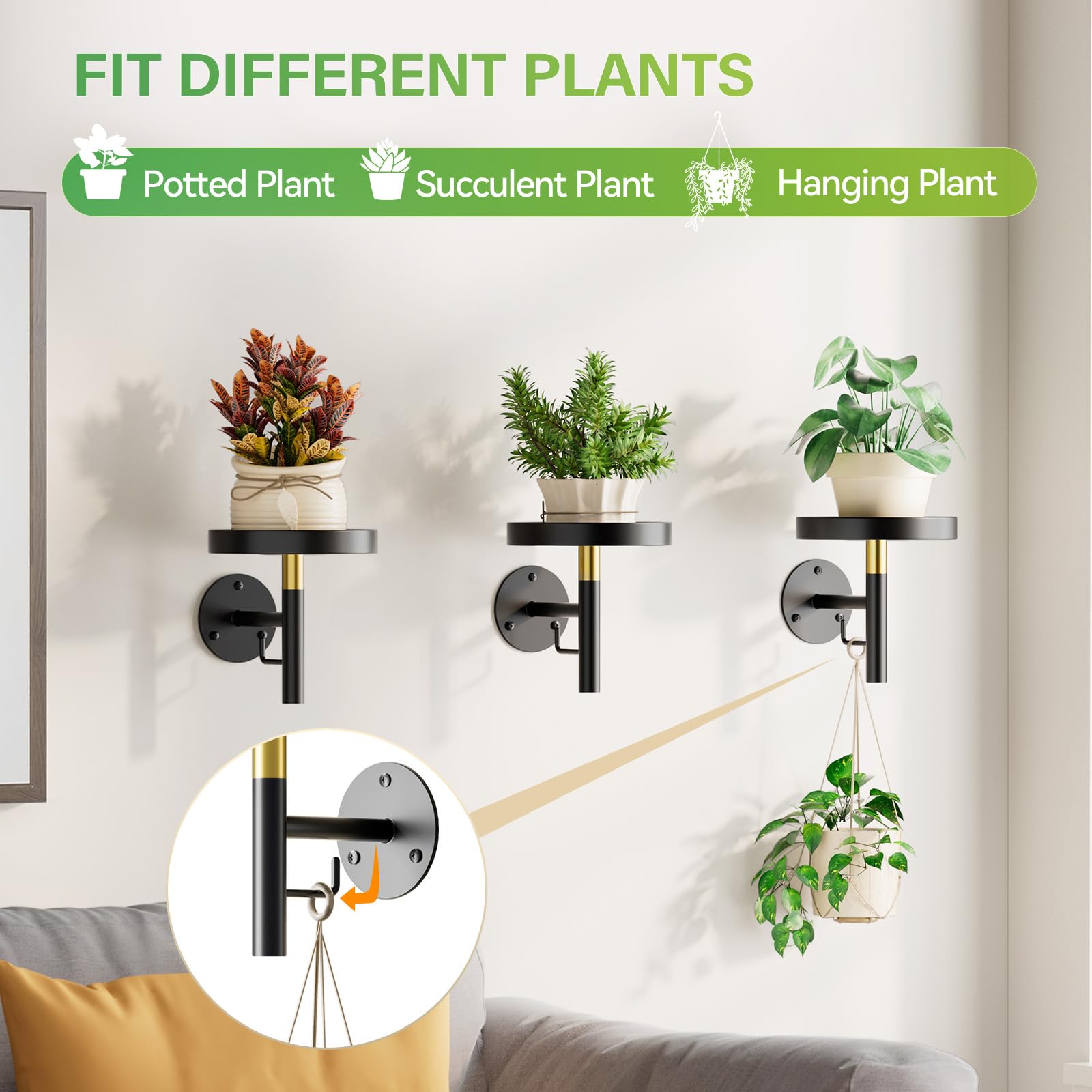 DELLAN wall-mounted plant shelf in living room adds stylish decor and plant display.