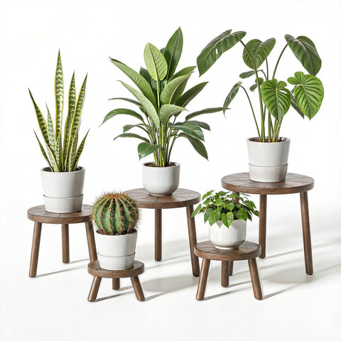 Delma Wood Plant Stands collection display for stylish indoor plant staging.