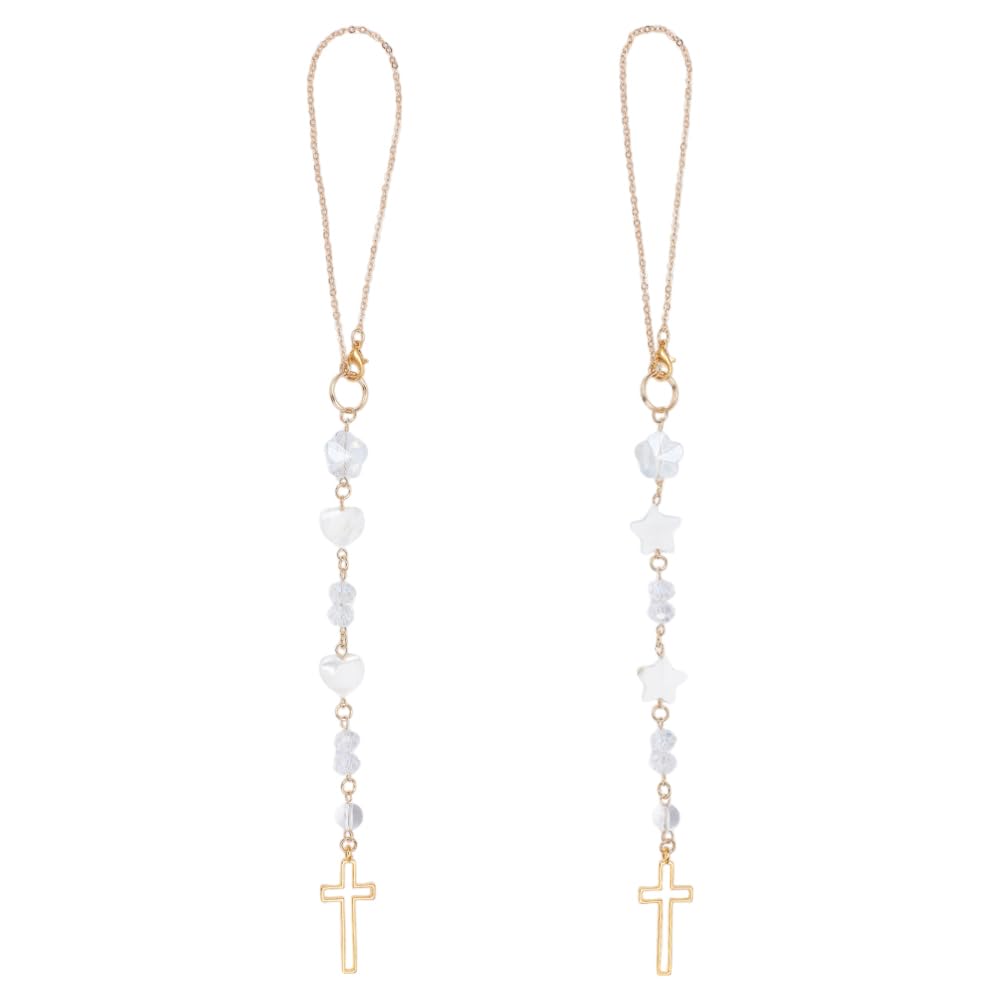 DELORIGIN cross car hanging ornament with heart and star shell beads for rearview mirror decor.