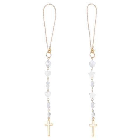 DELORIGIN cross car hanging ornament with heart and star shell beads for rearview mirror decor.