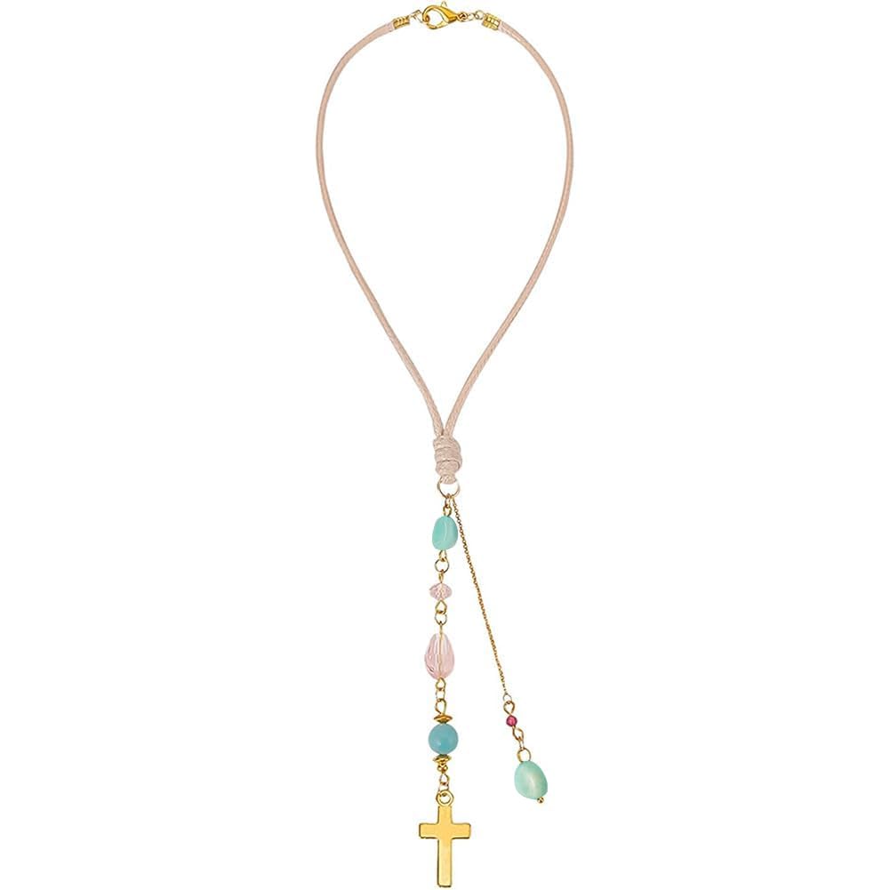 DELORIGIN cross hanging car mirror ornament with amazonite and crystal beads catching sunlight