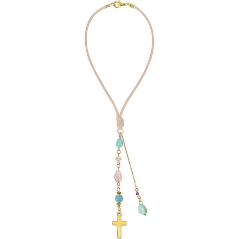 DELORIGIN cross hanging car mirror ornament with amazonite and crystal beads catching sunlight