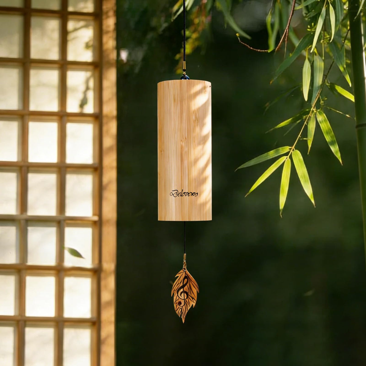 DELOVEWO wind chimes outside natural bamboo close-up, creates calm outdoor ambience