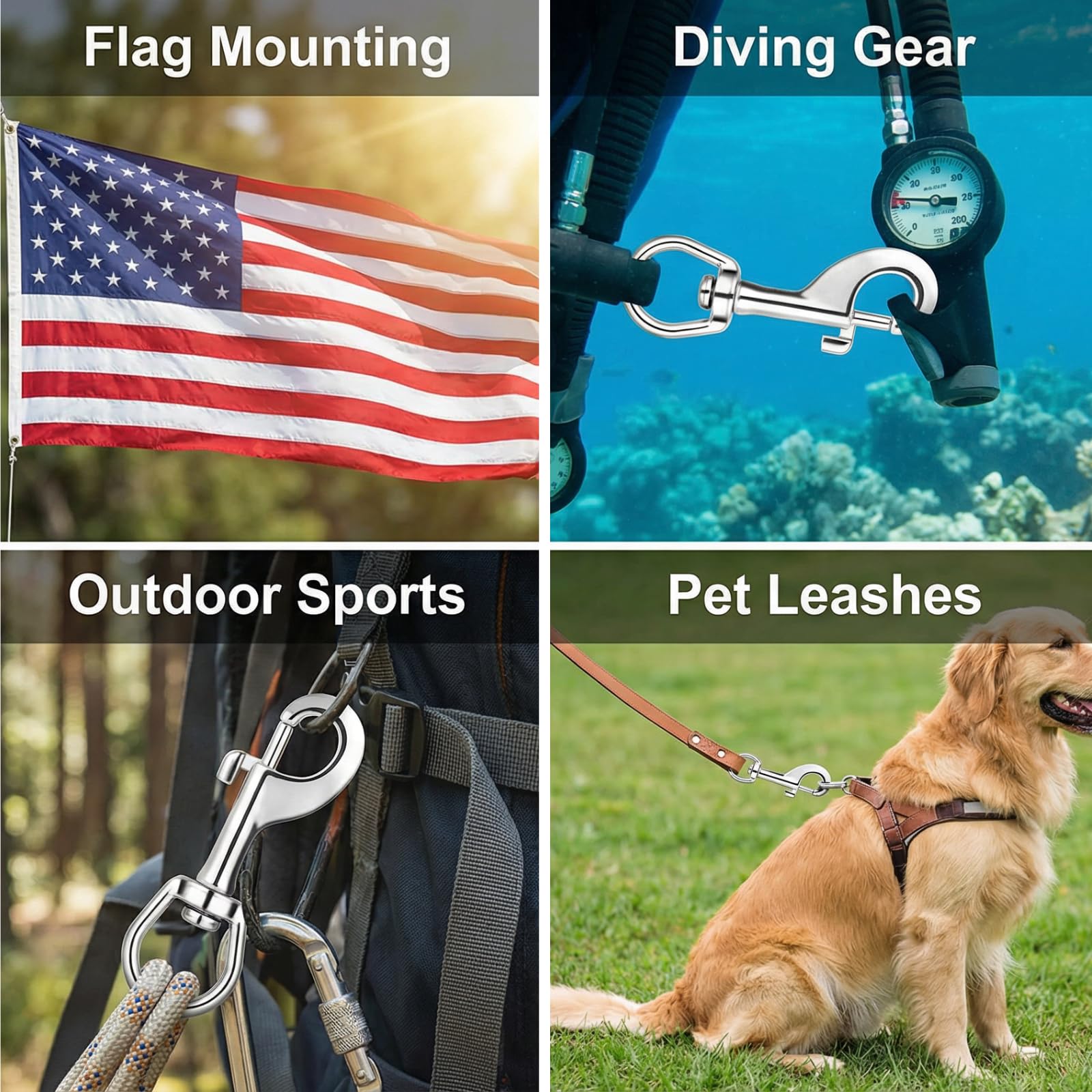 DELSWIN dog leash clip ready to secure on a harness.
