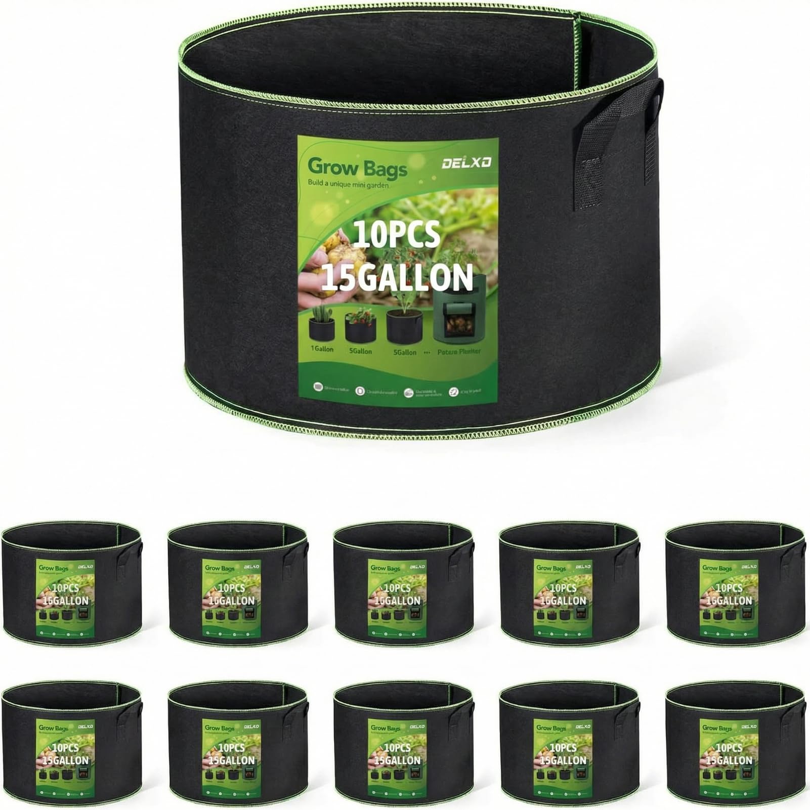 Delxo 10-pack 15-gallon grow bags shown for versatile gardening.