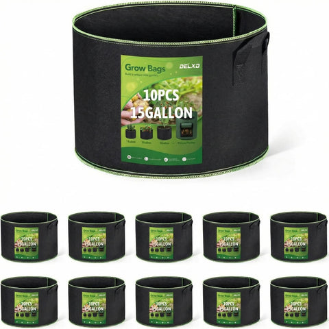 Delxo 10-pack 15-gallon grow bags shown for versatile gardening.