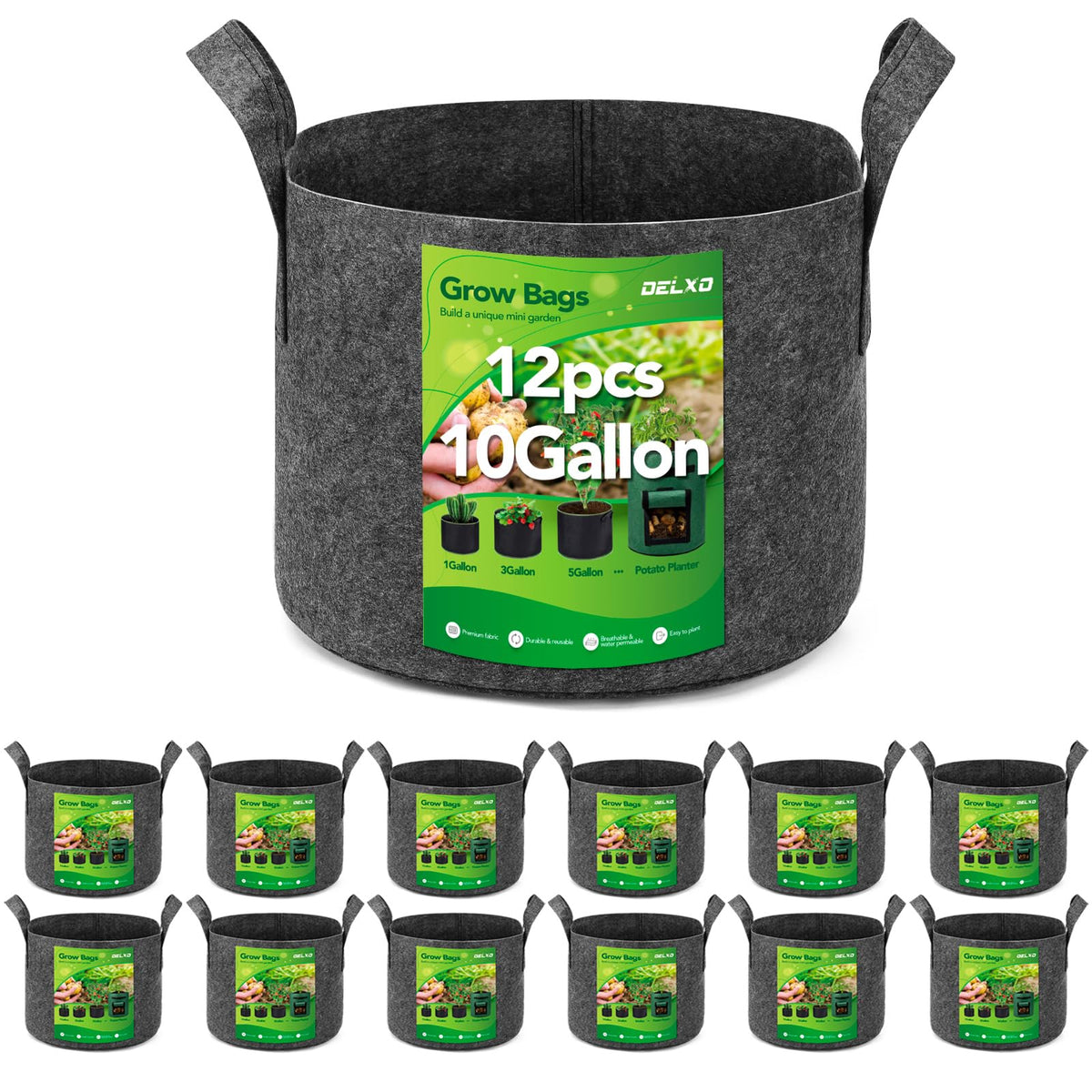 Delxo 12-pack 10-gallon grow bag shows ample planting capacity for vegetables.