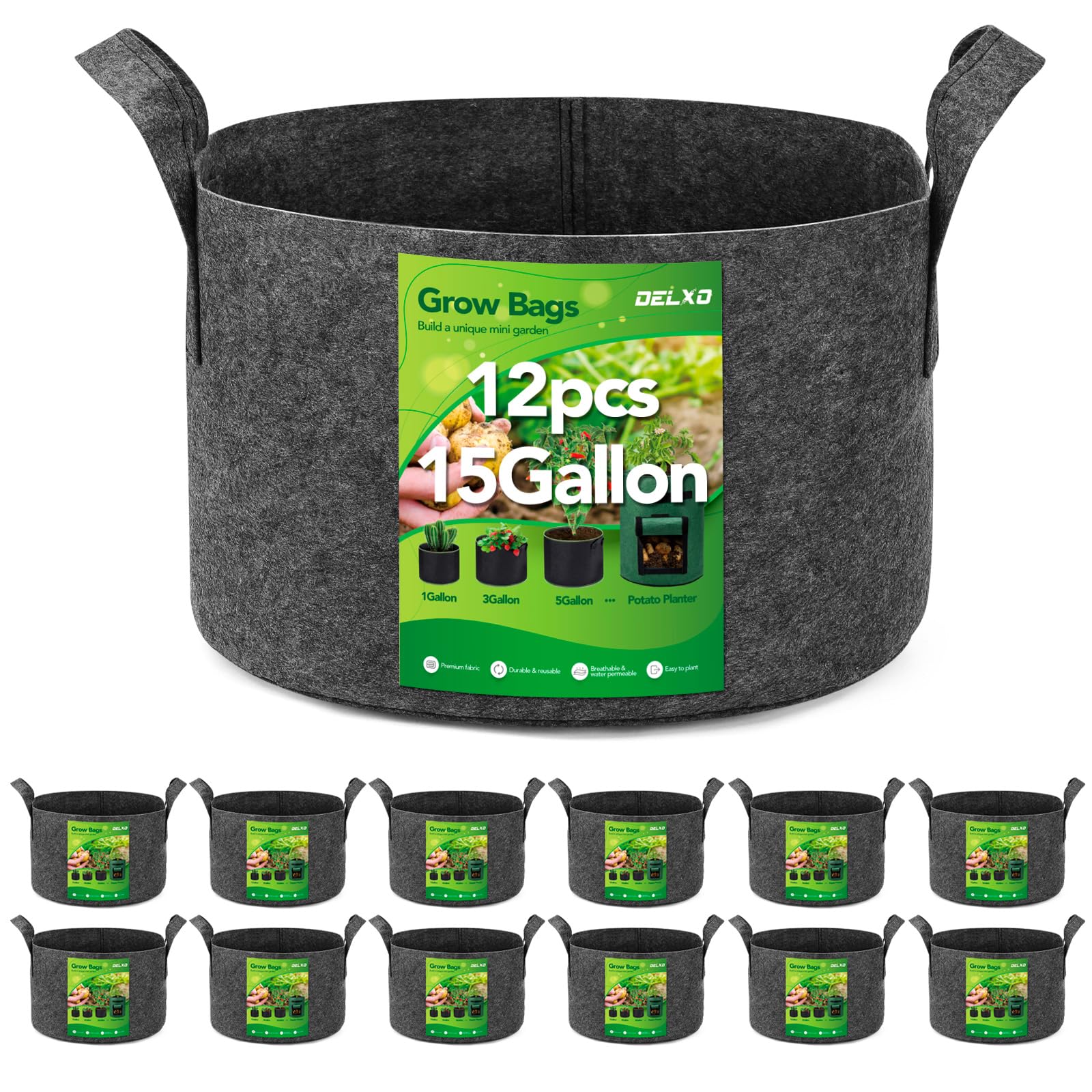 Delxo 12-pack 15-gallon grow bags front view showing roomy planting space