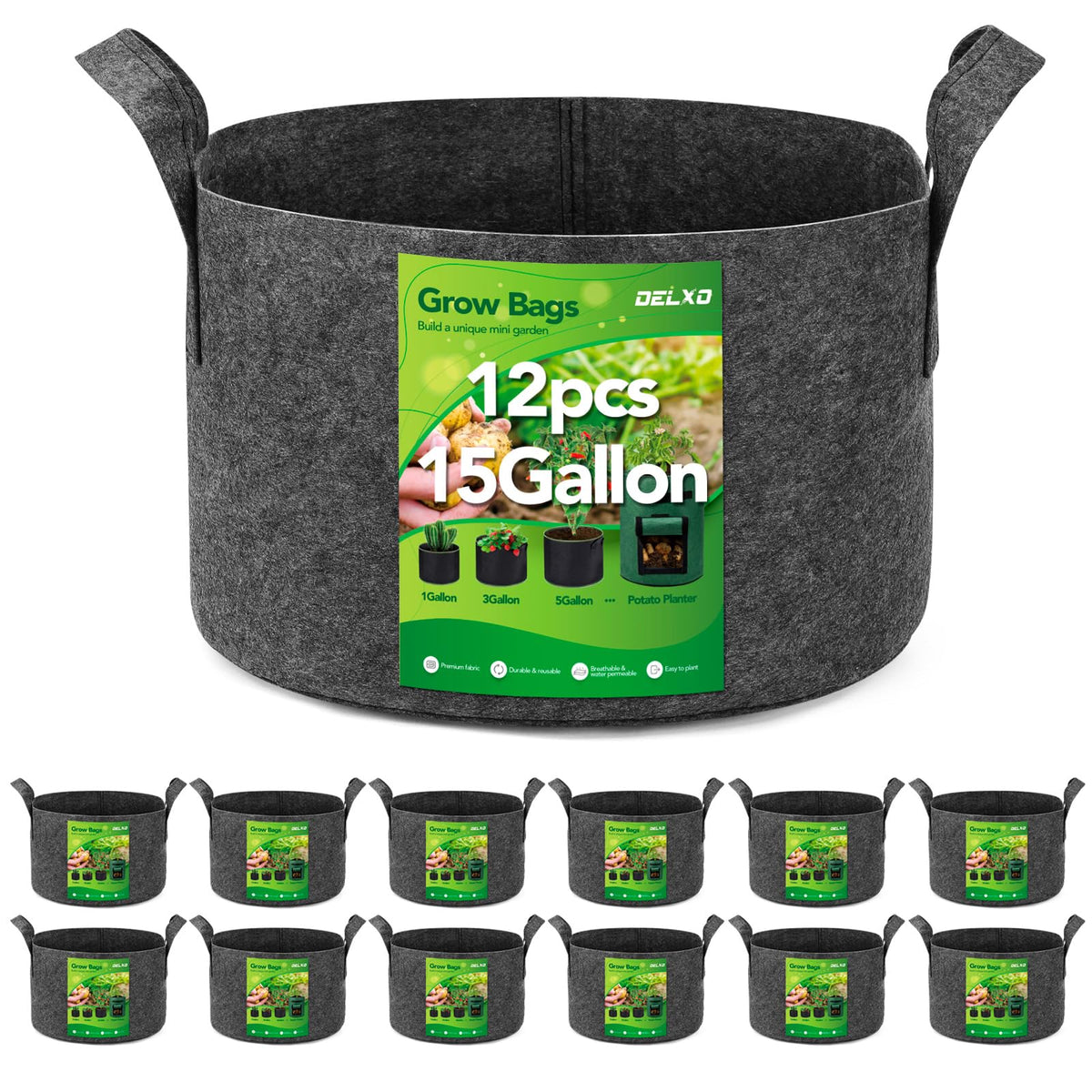 Delxo 12-pack 15-gallon grow bags front view showing roomy planting space
