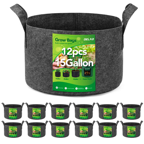 Delxo 12-pack 15-gallon grow bags front view showing roomy planting space