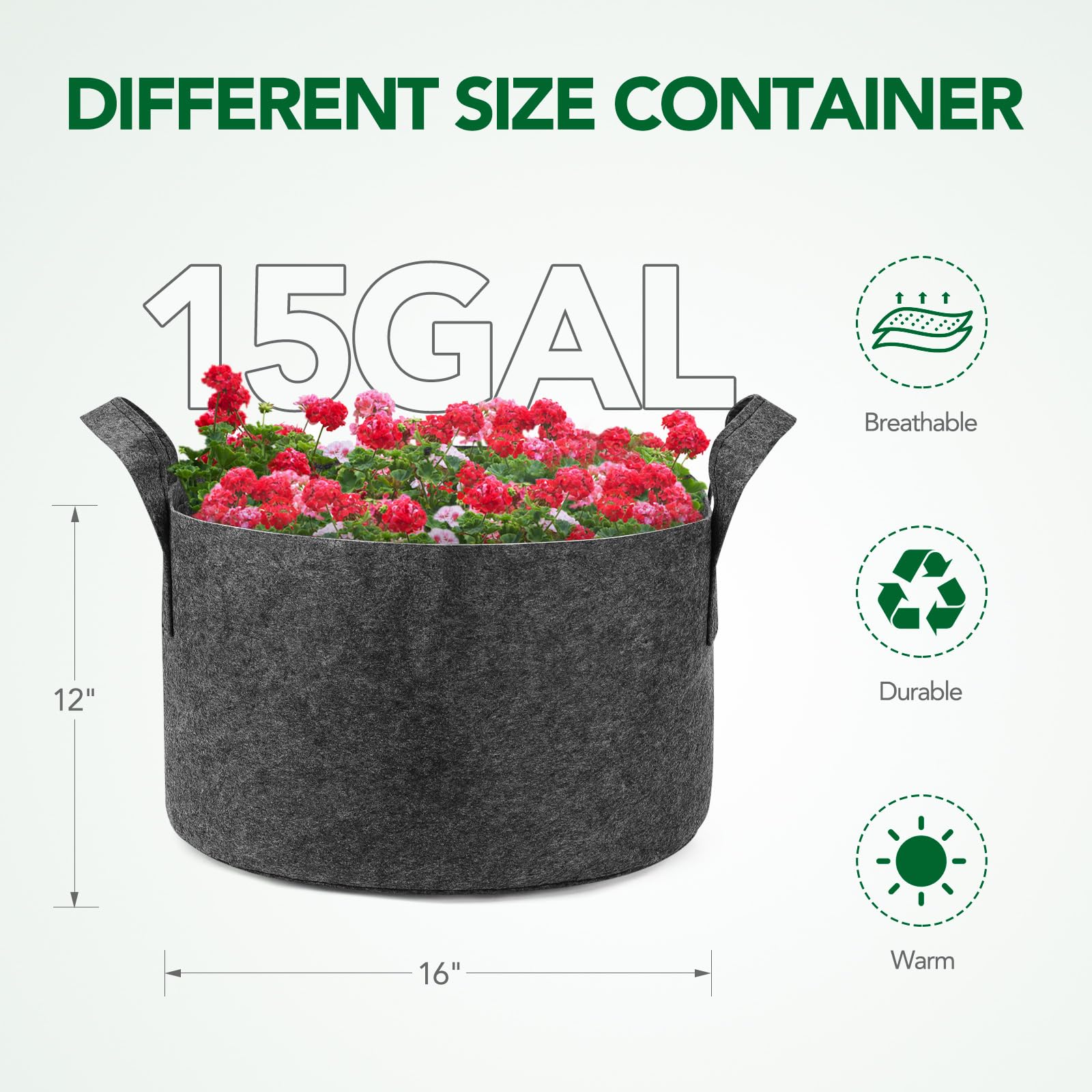 Delxo 12-pack 15-gallon grow bags side view highlighting durability and load-bearing fabric