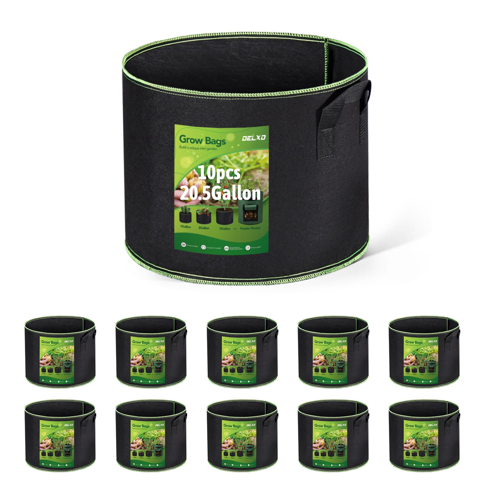 Delxo 20-gallon grow bags with durable fabric for long-lasting outdoor gardening.