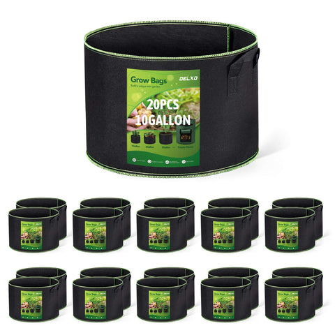 Delxo 20-pack 10-gallon grow bags with handles for easy transport and reuse.
